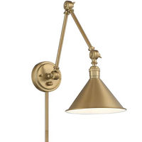 10 in. x 8 in. Wall Sconce Fixture - White Baffle - Brass Finish - Delancey Collection - Uses (1) Incandescent or LED Bulb - Medium Base - Plug-In or Hardwire - Adjustable Arm - 120 Volt - Nuvo 60-7361
